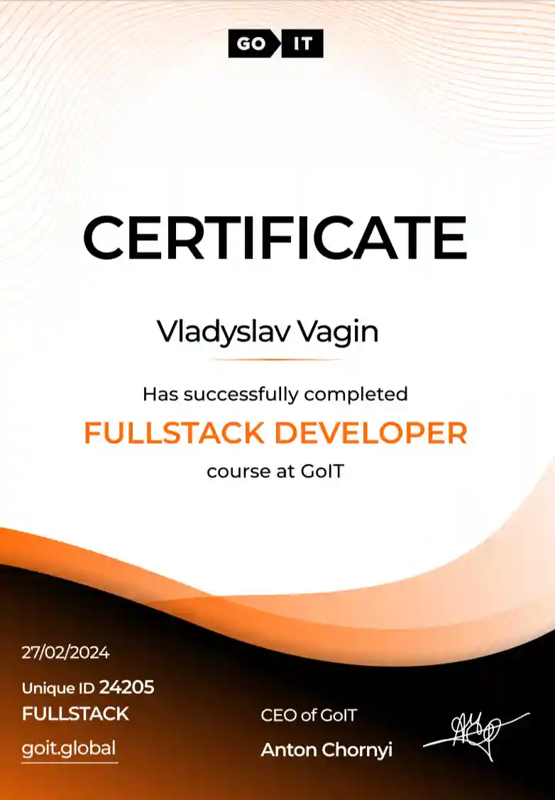 Fullstack Web Developer Certificate first page